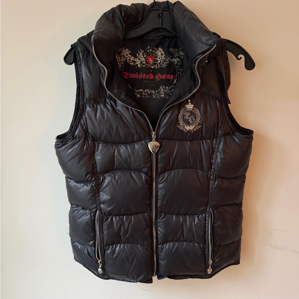 Y2K Twisted Heart Black Puffer Vest with Embroidery Down size s